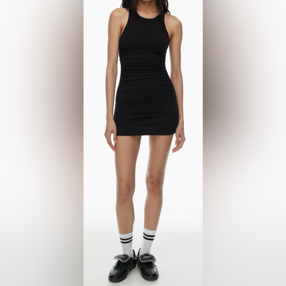 Aritzia TNA Black Chill Malibu Stretch Cotton Jersey Ruched Bodycon Mini Dress